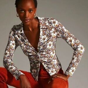 Anthropologie Maeve Ruched Shirt Top Floral Print Blue Motif Button Front Medium